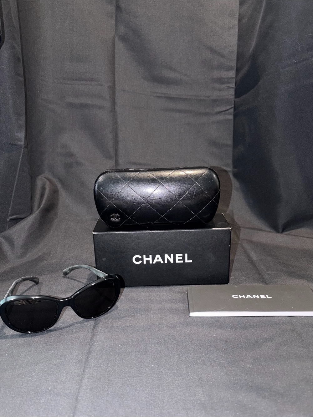 CHANEL Black Quilted Leather Sunglasses Case with Box and Booklet